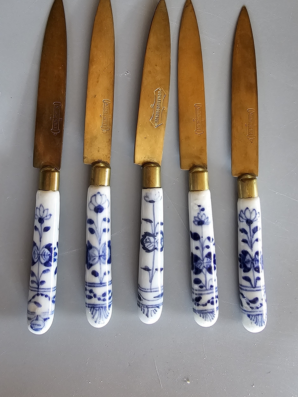 Blue & White Porcelain-Handled Cheese Spreaders with Gold Blades - Set of 5